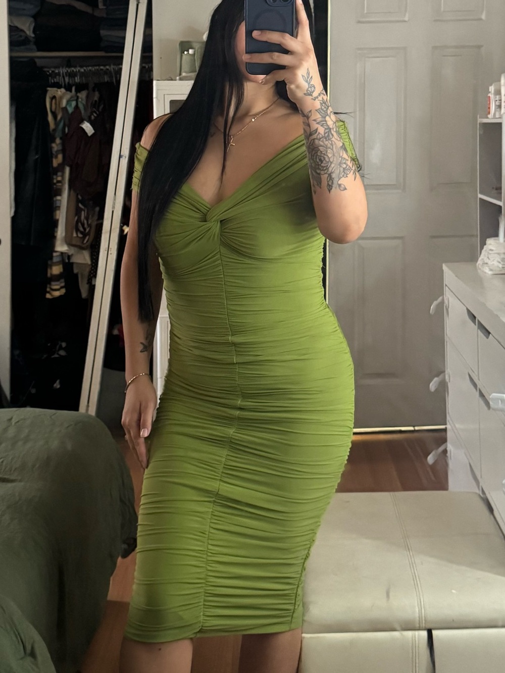 Fashion Nova Olive Green Off-Shoulder Ruched Midi Dress